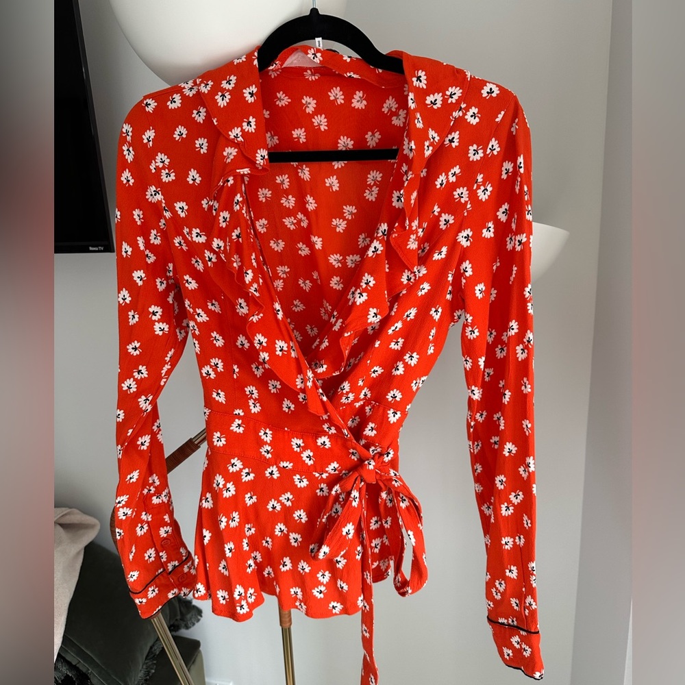 Ganni red wrap around shirt with flowers